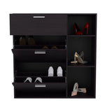 TUHOME Showie Shoe Rack with Three Doors, Adjustable Interior Shelves, Side Storage Compartments and Upper Drawer, Modern Organizational Cabinet for Footwear and Accessories, Ideal for Entryways, Hallways or Closet Spaces