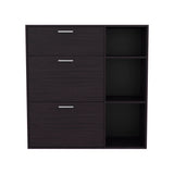TUHOME Showie Shoe Rack with Three Doors, Adjustable Interior Shelves, Side Storage Compartments and Upper Drawer, Modern Organizational Cabinet for Footwear and Accessories, Ideal for Entryways, Hallways or Closet Spaces