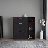 TUHOME Showie Shoe Rack with Three Doors, Adjustable Interior Shelves, Side Storage Compartments and Upper Drawer, Modern Organizational Cabinet for Footwear and Accessories, Ideal for Entryways, Hallways or Closet Spaces