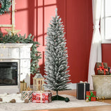 HOMCOM 5' Snow Flocked Artificial Pencil Christmas Tree, Slim Xmas Tree with Realistic Branches and Plastic Base Stand for Indoor Decoration, Green