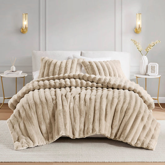 3 Piece Ultra Soft Faux Fur Ribbed Comforter Set, Taupe