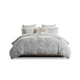Stone-Washed Leaf Patterned Jacquard Duvet Set, Light Gray