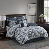 Classic Damask 8-Piece Jacquard Comforter Set, Navy Blue