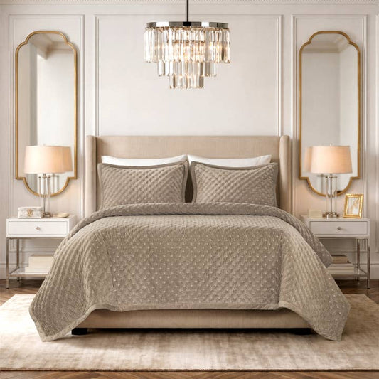 Soft Velvet Cross Stitch Coverlet Set with Shams, Taupe