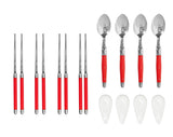 Red Chopsticks & Laguiole Spoons with Ceramic Rests, 4 Pairs