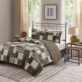 3 Piece Reversible Patchwork Printed Quilt Set, Black/Brown
