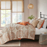 6 Piece Floral Medallion Reversible Quilt Set, Orange