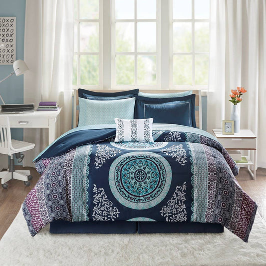 Bohemian Complete 9-Piece Comforter and Sheet Set, Navy Blue