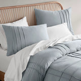 Grid Textured Soft Washed Pleated Comforter Set, Blue/Grey