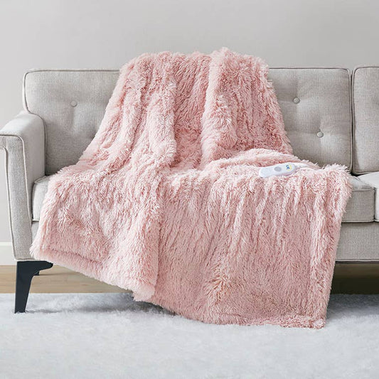 Heated 50x60" Shaggy Faux Fur Electric Throw Blanket, Blush