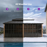 PURPLE LEAF Bronze Frame Sunroom Hardtop Gazebo Solarium Wood Grain Columns Galvanized Steel Double Roof All-Weather Screen House