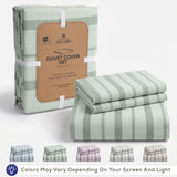 American Soft Linen 100% Washed Cotton Percale Duvet Cover Set – 200TC Yarn-Dyed Striped Bedding with 2 Pillow Shams