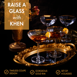 Vintage Crystal Champagne Coupe Gold Rim Hexagonal Angled Glasses | Set of 4 | 6 oz