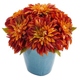 11’’ Dahlia Artificial Arrangement in Blue Ceramic Vase
