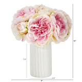 11” Peony Bouquet Artificial Arrangement in White Vase
