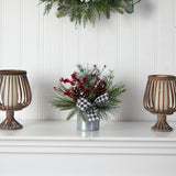 12” Frosted Pinecones and Berries Artificial Arrangement in Vase with Decorative Plaid Bow