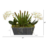 13” Orchid Phalaenopsis and Succulent Artificial Arrangement in Embossed Tin Vase