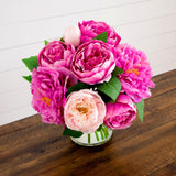 12” Artificial Peony Arrangement in Glass Vase