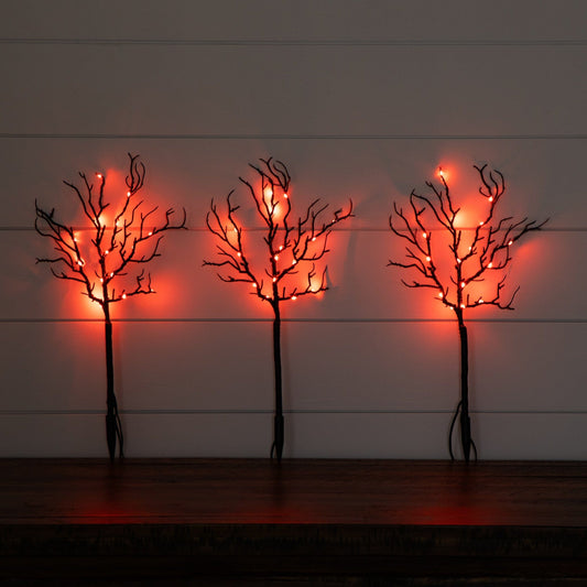 14" Pre-Lit Artificial Halloween Black Twig Branches with 45 Orange LED Lights and Integrated Ground Stake - Set of 3