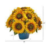 14” Sunflower Artificial Arrangement in Blue Vase