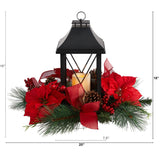 15” Holiday Poinsettia, Pinecone and Greenery with Lantern and LED Candle Table Arrangement