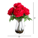16" Artificial Pink Peony Arrangement in Glass Vase