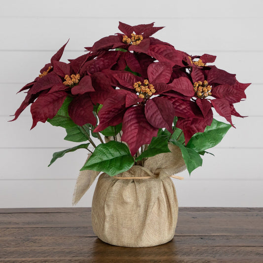 16" Artificial Poinsettia Arrangement in Burlap Planter