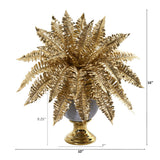 16” Golden Boston Fern Artificial Plant in Stoneware Urn with Gold Trimming