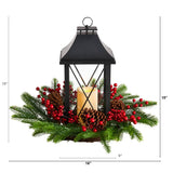 16" Holiday Berries, Pinecones and Greenery with Lantern and Included LED Candle Table Arrangement"