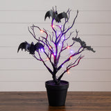 16” Pre-Lit Artificial Halloween Black Spooky Twig Tree with Bats and 20 Orange & Purple LED Lights