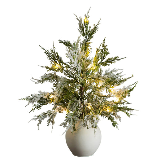 18" Pre-Lit Artificial Mini Snowed Cypress Christmas Tree with 12 LED Lights in White Ceramic Planter
