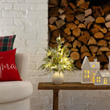 18" Pre-Lit Artificial Mini Snowed Cypress Christmas Tree with 12 LED Lights in White Ceramic Planter
