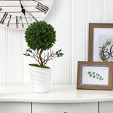 19” Boxwood Topiary Artificial Tree in White Vase (Indoor/Outdoor)