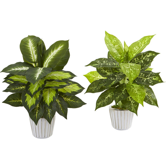 19” Dieffenbachia Artificial Plant in White Vase (Set of 2)