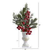 19” Iced Pine and Berries Artificial Arrangement in White Urn