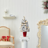 2’ Flocked Artificial Christmas Tree with 30 Clear LED Lights in Burgundy Vase