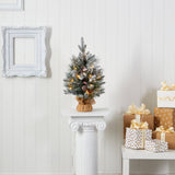 2' Flocked Artificial Christmas Tree with 30 Clear Lights, 73 Bendable Branches, Pine Cones and Berries