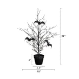 2' Pre-Lit Artificial Black Spooky Twig Tree with Bats and 40 Orange & Purple LED Lights
