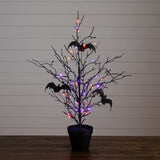 2' Pre-Lit Artificial Black Spooky Twig Tree with Bats and 40 Orange & Purple LED Lights
