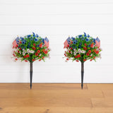 2' UV Resistant Artificial Red, White and Blue Flowering Daisy Bush with Integrated Ground Stake (Indoor/Outdoor) - Set of 2