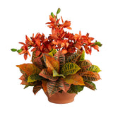 21” Cymbidium Orchid and Croton Artificial Arrangement in Terra Cotta Vase