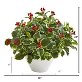 22” Variegated Holly Leaf Artificial Plant in White Vase (Real Touch)