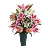 23” Carnation and Lilies Artificial Graveside Memorial Arrangement in Green Vase