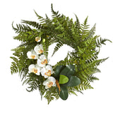 23” Mixed Greens and Phalaenopsis Orchid Artificial Wreath