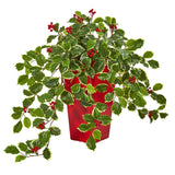 23” Variegated Holly with Berries Artificial Plant in Red Planter (Real Touch)
