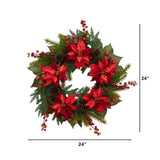 24" Artificial Poinsettia & Berry Wreath