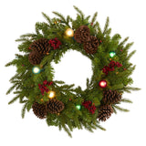 24” Christmas Artificial Wreath with 50 Multicolored Lights, 7 Multicolored Globe Bulbs, Berries and Pine Cones