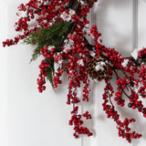 24” Frosted Cypress Artificial Wreath with
Berries and Pine Cones