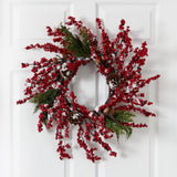 24” Frosted Cypress Artificial Wreath with
Berries and Pine Cones
