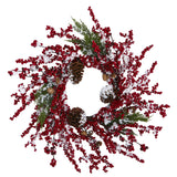 24” Frosted Cypress Artificial Wreath with
Berries and Pine Cones